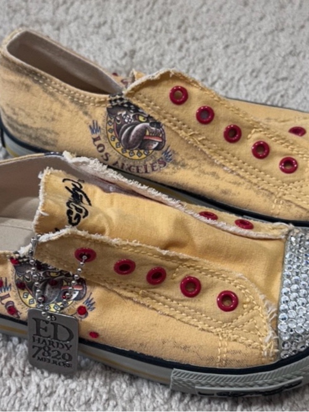 Vintage Y2K Ed Hardy Yellow Canvas Laceless Slip-On Sneakers W/Crystals, Size 2